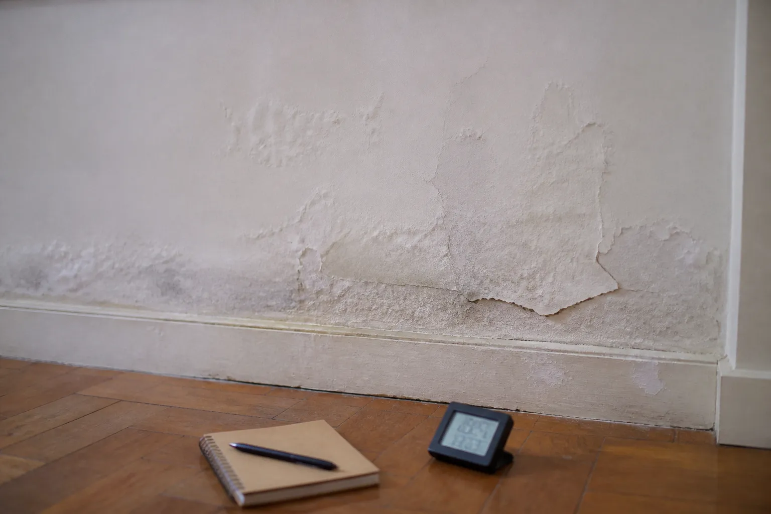 Mur de maison avec tache d humidite et hygrometre pose au sol